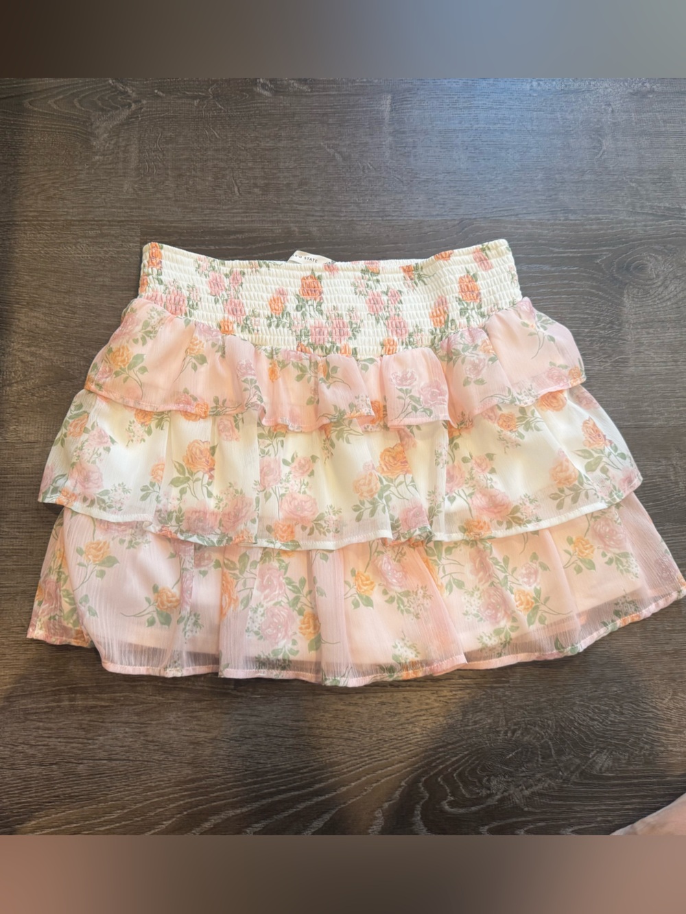 Altar'd State Pink and Cream Floral Ruffle Mini Skirt